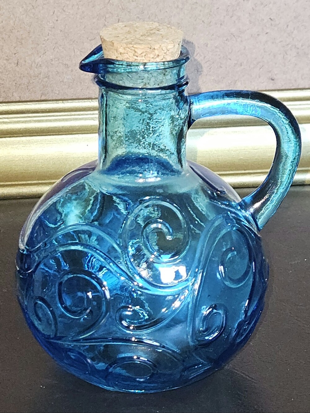 Teal Blue Swirl Glass Bottle with Cork Stopper - Decorative Home Art
